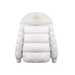 Women's Down <b>Jacket</b> with Real Fur <b>Short</b> <b>White</b> Puffer Coat Fox Fur Collar & Pockets Zipper Closure Luxury Winter Outerwear - Product Image 4