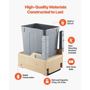Contenedor de Basura Extraíble de Madera de Alta Resistencia de 35 QT para Gabinetes de Cocina, Contenedor de Reciclaje de Residuos - Product Image 3