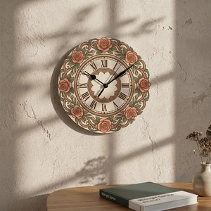 Horloge murale ronde en résine avec motif de roses, chiffres romains, design analogique à quartz traditionnel pour la décoration du salon - Product Image 6
