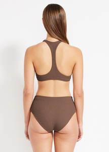Women's <b>Brown</b> Ribbed Halter <b>Bikini</b> <b>Set</b> High Waist Solid Color Spandex Nylon Stretch Swimwear Regular Fit - Product Image 3
