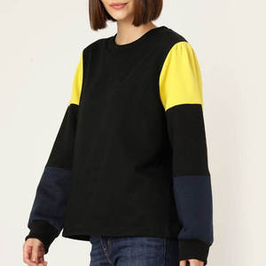 Women Color Blocked Crew Neck Sweatshirt <b>Long</b> Sleeve Knitted Casual <b>Top</b> <b>Black</b> Yellow Navy Autumn Wear - Product Image 2