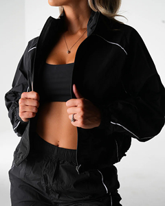 New Arrival Custom Autumn Women's Waterproof Windbreaker Printed Rhinestone Full Length Collar Jacket Pants Tracksuit <b>Zip</b> Nylon - Product Image 5