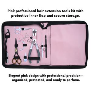 Kit comercial de pinzas para extensiones de cabello con estuche rosa, que incluye pinzas para extensiones de cinta adhesiva, agujas de costura para separar el cabello, cuchilla y herramientas para extensiones de cabello - Product Image 5