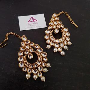 Vintage Brass Gold Plated Kundan Wedding Drop Hoop Earrings with Pearl - Product Image 1