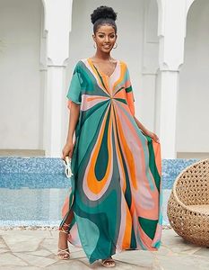 Robe Abaya Maxi Col V Manches Courtes Coupe Ample Motif Géométrique Ourlet Asymétrique Plage Été Femme Polyester Style Bohème - Product Image 3