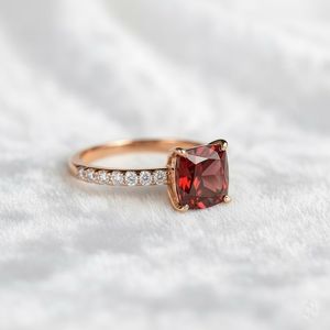 Cushion Cut Red Garnet <b>Ring</b> 925 Sterling <b>Silver</b> 14K Gold Plated <b>Solitaire</b> Dainty Pave Engagement Promise <b>Ring</b> - Product Image 3