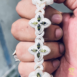 Luxury Floral Lab Grown Diamond <b>Bracelet</b> With Green Marquise Cut Stones And Fully Iced Out Pave Design - Product Image 6