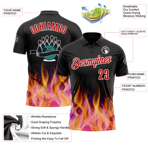 High Demand Custom Black Red White 3D Bowling Burning <b>Flame</b> Performance Spread Colar Polo <b>Shirt</b> Perfect For Outdoor Wear - Product Image 3