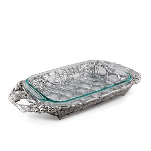 Rectangular Glass Decorative Tray with Floral Metal <b>Frame</b> and Handles Traditional Design for Home Display - Product Image 2