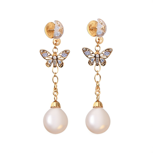 18K Gold Plated Butterfly & Moon Drop Earrings with Pearl and Zircon - Product Image 2