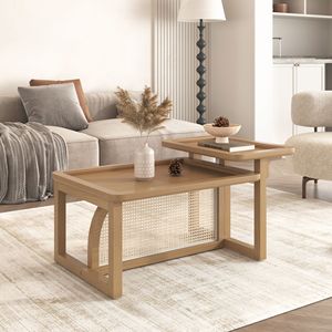 Set di 2 tavolini da caffè moderni in rattan, legno e MDF, colore naturale - Product Image 2