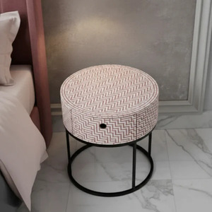 Mesita de noche redonda moderna de tela con patrón de chevron, cajón de almacenamiento, muebles de dormitorio, mesita de noche redonda tradicional hecha a mano - Product Image 2