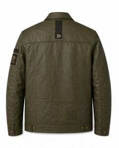 Veste en cuir vert olive pour homme, style workwear, col rabattu, design à patchs, coupe-vent, vêtement d'automne - Product Image 2