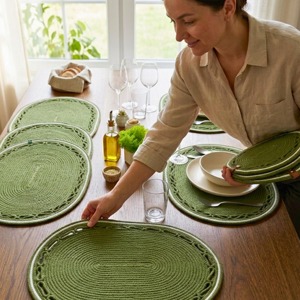 Green Macrame <b>Table</b> <b>Mats</b> Handmade Boho Dining <b>Table</b> Decor Placemats for Kitchen Coffee <b>Table</b> and Home Styling From India - Product Image 3