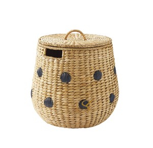 Cesta de Almacenamiento de Jacinto de Agua con Tapa y Diseño de Puntos, Organizador de Juguetes Tejido con Bonitos Pompones para Habitación Infantil y Decoración del Hogar - Product Image 1