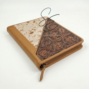 Vintage Tooled Leather Portfolio <b>Folder</b> Hair On Cowhide <b>A4</b> Organizer Zipper Case Turquoise Edge Corporate Business Padfolio - Product Image 3