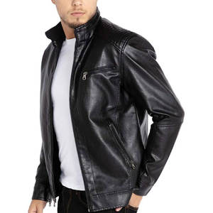 Chaqueta de cuero genuino con cremallera para hombre, abrigo de invierno con logo frontal, cuello mandarín, estilo casual ajustado. - Product Image 3