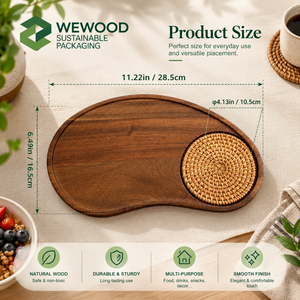 Plateau de service en bois d'acacia de qualité supérieure avec insert en rotin tressé, plateau de présentation pour café, thé et en-cas - Product Image 3