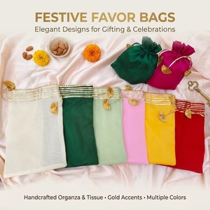 Sac Potli en Organza avec Broderie Gota Patti Traditionnelle, Bordures en Dentelle Dorée à Volants et Pompons – Cadeaux de Mariage Indiens, Anniversaires, Diwali - Product Image 1