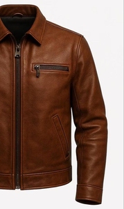 Blouson moto en cuir véritable beige pour homme, col rabattu, fermeture éclair, coupe ajustée, manches classiques, couleur unie, automne - Product Image 3