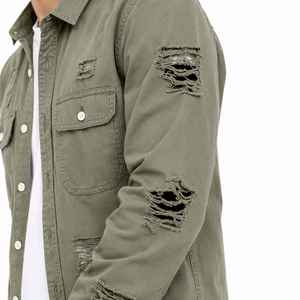Chemise en jean vert olive pour homme, manches longues, col rabattu, coupe classique, style délavé, couleur unie, respirante - Product Image 6