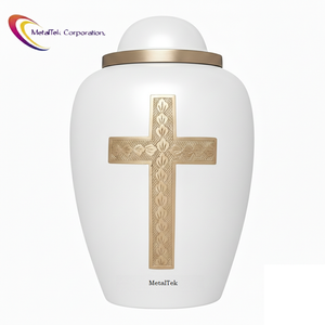 Urna Funeraria Blanca Premium para Cenizas de Adultos, Decoración Conmemorativa con Cruz Elegante Hecha a Mano, Florero Funerario de Metal Duradero para Entierro en Casa - Product Image 1