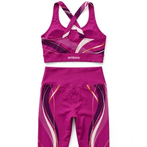 Ensemble de yoga pour femmes Amkoor, 2 pièces, soutien-gorge de sport dos nageur, leggings taille haute pleine longueur, en spandex, imprimé par sublimation, séchage rapide - Product Image 2