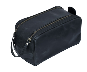 Sac de toilette pour homme en cuir véritable à double fermeture éclair, sac de voyage pour cosmétiques - Product Image 2