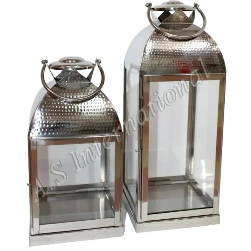 Large Lantern Home Decor Accessories Wedding Decorative Stainless Steel Lantern Set Glass Silver Candle Lantern