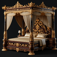 Ensemble de meubles de lit en teck de luxe moderne, taille standard, personnalisable, avec lit à baldaquin doré richement sculpté, tables de chevet et quatre meubles de maison