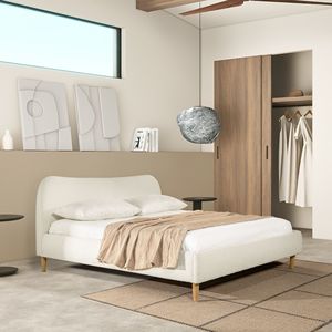 Letto matrimoniale imbottito in bouclé bianco avorio con testiera curva in stile romano, letti imbottiti di lusso - Product Image 6