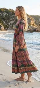 <b>Boho</b> Vintage Eco-Friendly Silk Maxi <b>Dress</b> V-Neck Long Sleeve Elastic Waist Floral Print Loose Fit <b>Summer</b> Beach Wear Nonwoven - Product Image 3