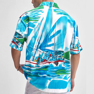 เสื้อเชิ้ตฮาวายแขนสั้นพิมพ์ลายสีน้ำเงินสำหรับผู้ชาย ปกคอพับได้ เหมาะสำหรับใส่ในช่วงวันหยุดฤดูร้อน ผ้าป๊อปลินระบายอากาศได้ดี - Product Image 3