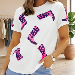 Camiseta de Mujer Blanca con Lentejuelas y Estampado de Botas Vaqueras, Manga Corta, Cuello Redondo, Corte Holgado, Informal, para Primavera/Verano - Product Image 2