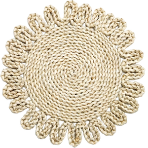 Rattan <b>Placemat</b> Set Natural Color <b>White</b> Border 1 Large 4 Small Coasters Bohemian Style Water Resistant Non-Slip Unisex Home Use - Product Image 1