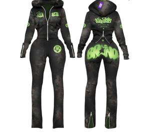 Winter Outfits Waffle Knit Zip up Fur Collar <b>Hoodie</b> Jacket and Flare Pants Women Custom Two Piece <b>Workout</b> Fitness Tracksuits Set - Product Image 2