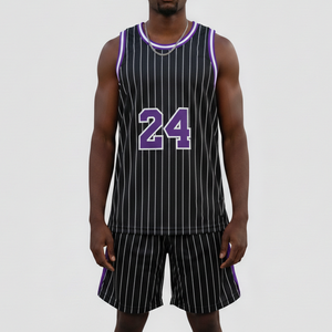 Camiseta de Baloncesto para Hombre, Sin Mangas, Negra con Rayas Blancas y Moradas, Número 24, Sublimada, Transpirable, Corte Regular, Ropa Deportiva - Product Image 3