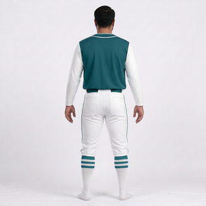 Ensemble de vêtements de baseball pour hommes, pantalon et maillot en jersey uni, manches courtes, col en V, respirant, coupe personnalisée, toutes saisons, couleur blanc et turquoise, 100% coton - Product Image 2