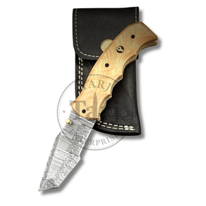 Cuchillo de bolsillo plegable hecho a mano de acero de Damasco con mango de madera de olivo, hoja de punta caída, 8 pulgadas de longitud total, cuchillo profesional. - Product Image 3