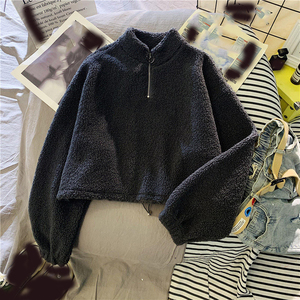 Sudadera corta de sherpa beige con cremallera de un cuarto, cuello alto, bordado personalizado, bolsillos y cremallera parcial, suministro OEM de sudaderas con capucha - Product Image 4