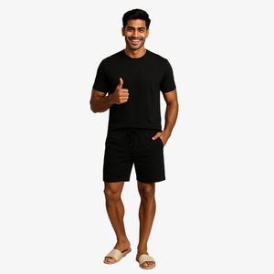 Pantalones cortos Bermuda de algodón de color liso para hombre con cintura con cordón y bolsillos estilo casual - Product Image 1