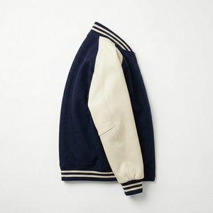 Veste zippée en mélange de laine bleu marine et crème pour homme, avec logo personnalisé, col et poignets en tricot côtelé, style streetwear décontracté, vente en gros, fabricant OEM, vêtements - Product Image 3