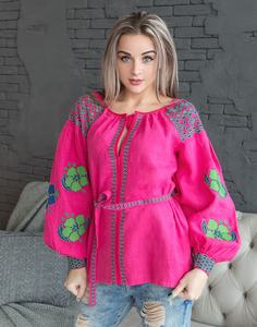 Chemise élégante pour femme en popeline 100% coton rose uni à col en V et manches courtes pour l'automne - Product Image 1