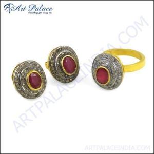 Superbe ensemble de bijoux fins de mariage victorien boucles d'oreilles en argent plaqué or et rubis et bague de style victorien à la mode - Product Image 3