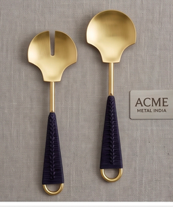 Navy Braid Matte Gold Salad <b>Servers</b> Premium Stainless Steel Designer Grade For Home Kitchens And Dining Handcrafted - Product Image 1
