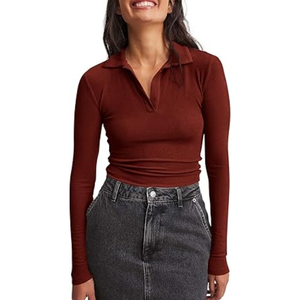 Suéter de Punto Acanalado para Mujer, Corte Ajustado, Manga Larga, Cuello Redondo, Color Sólido, Elegante, con Logotipo, Otoño, Transpirable, Mezcla de Algodón - Product Image 1