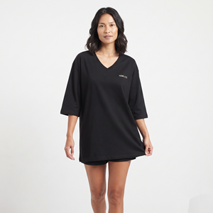Breathable Women's Oversized Cotton V Neck Long Sleeve Solid Black Color Shirt <b>Drop</b> Shoulder Casual Solid Color Custom Logo - Product Image 3