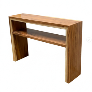 Table console élégante et moderne en bois massif écologique, durable et raffinée, avec étagère à double niveau, pour appartement de luxe. - Product Image 6