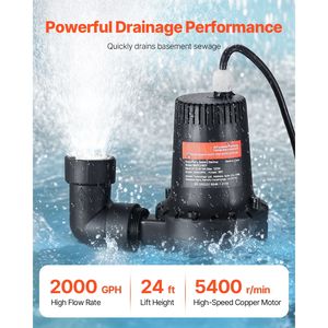 2000GPH 0.17 HP Basement Emergency Backup Sump Pump System 15V <b>Adapter</b> & Float <b>Switch</b> 24-hour Monitoring Water Pumps - Product Image 5