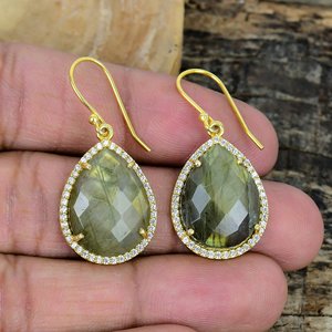 Natural Labradorite With CZ Pear Shape Gemstone Handmade <b>Hook</b> <b>Earrings</b> 18k Gold Micron Over 925 Sterling Silver - Product Image 2